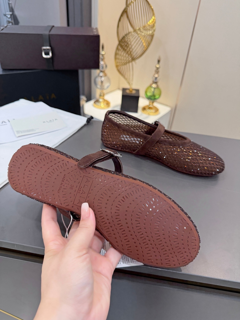 ALAÏA Dark Brown Rhinestone Ballet Flats - Picture 7 of 8